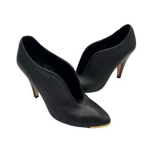 Loeffler Randall Donna Black Leather Open V Vamp Gold Cap Cone Heel Booties